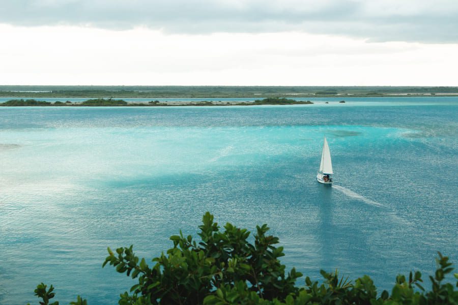 Small white sailboat gliding across the vibrant turquoise waters of Bacalar Lagoon in Mexico, framed by lush greenery in the foreground.